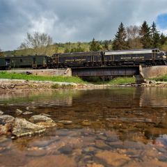 a train traveling down train tracks next to a body of water