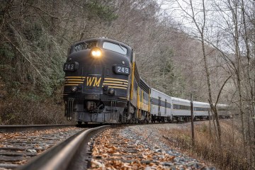 a train traveling down train tracks near a forest