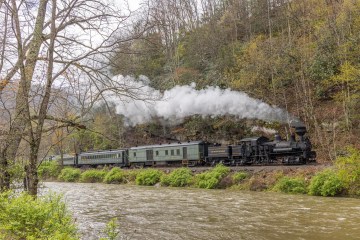 a steam engine train traveling down train tracks near a forest